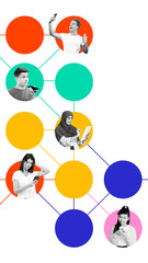 Diverse people using smartphones and tablets linked by digital nodes, illustrating different...