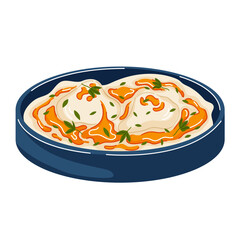Turkish poached eggs with yogurt for breakfast in cartoon. Cilbir with herb for restaurant menu isolated on a white background.