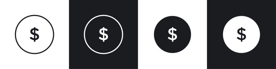 Dollar icons collection in black and white filled and line versions