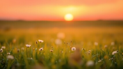 a field of grass with a sunset in the background, sunset warm spring, 