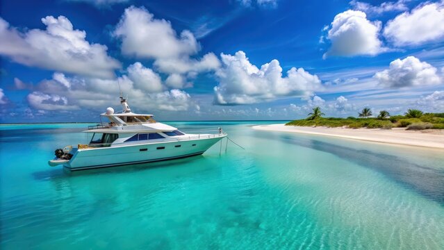A luxurious yacht is moored at the pristine beach of Los Roques islands in Venezuela with powdery white sand and turquoise waters