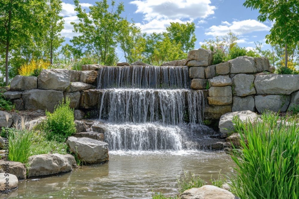 Poster waterfall cascading over rocks in a tranquil garden under a clear blue sky during daytime. generativ