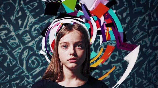Young girl experiencing information overload with colorful graphic design elements swirling around her head, representing the overwhelming amount of data and stimulation in modern life