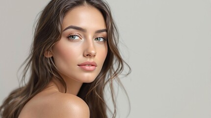 Naklejka premium Elegant portrait of a woman with long hair and neutral expression on light background