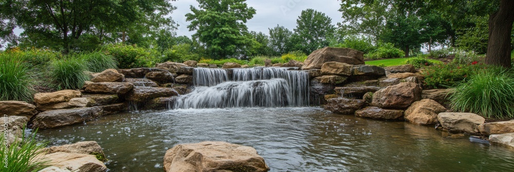 Aufkleber waterfall cascading over rocks in a serene garden setting with lush greenery and calm reflections. g