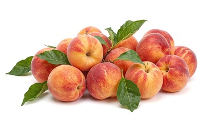 Fresh ripe peaches with vibrant green leaves beautifully presented on a clean white background Perfect for food and nature concepts