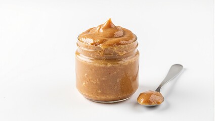 Creamy peanut butter jar with a spoonful on white background showcasing smooth texture  taste Perfect for food bloggers  culinary designs