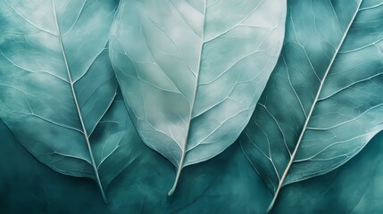 Obraz premium Pastel Turquoise Background, Three Intricate Leaf Drawings, Minimalist Nature Art, Delicate Lines