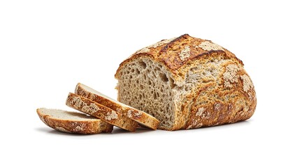 Artisanal sourdough bread loaf sliced to showcase golden crust and airy texture on white background Perfect for bakery inspiration
