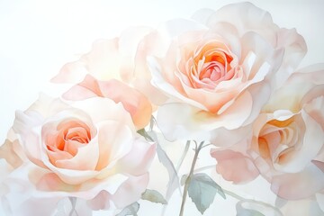 A delicate watercolor illustration of rose flowers with soft pink and blush hues on a white background.