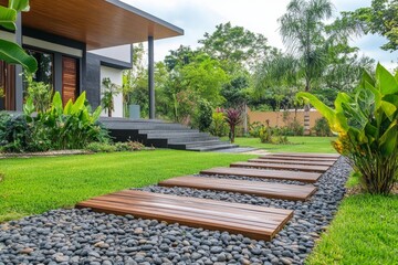 Obraz premium Garden wooden path. Modern garden path way made from hardwood designed with lush greenery, flowers. Wood decking. Backyard pathway walk. Garden lounge. Footpath. Woodland shade. Cottagecore. Outdoor