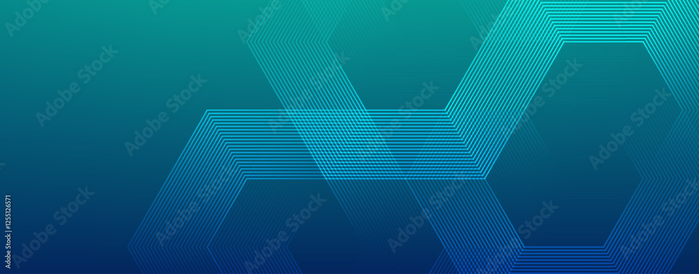 Poster Digital green futuristic technology concept with hexagons. Digital hexagonal blue abstract background. Geometric stripe line art design for poster, brochure, cover, banner, website, header