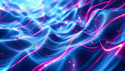 Obraz premium Vibrant Abstract Network, Flowing Pink Lines on a Dynamic Blue Landscape