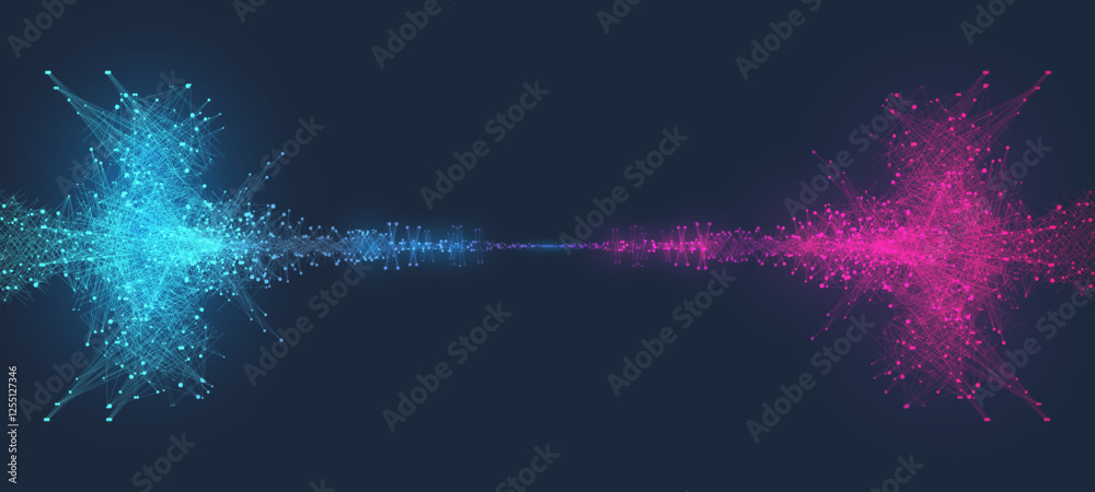 Leinwandbilder Scientific vector illustration quantum computer technology. Plexus fiction effect. Deep learning artificial intelligence. Big data algorithms visualization. Quantum explosion background.