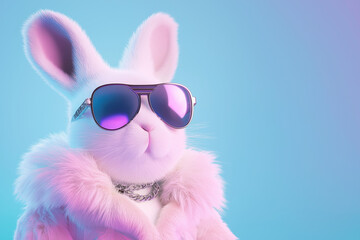 An abstract, modern Easter bunny with sunglasses, dressed in a trendy fashion suit, is a stylish hipster animal.