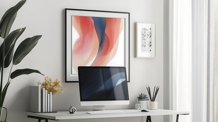 Modern home office with abstract art, computer, and plants. Possible use Interior design, home decor
