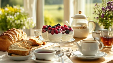 A countryside breakfast table featuring Greek yogurt parfaits with mixed berries, surrounded by a loaf of freshly baked bread and a pot of herbal tea