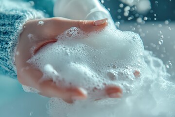 Fototapeta premium A detailed close-up of a womanâ€™s hand squeezing a bottle of washing foam, with fluffy white foam emerging.