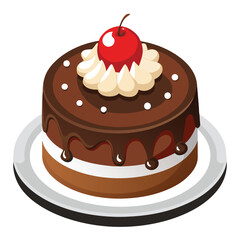 Chocolate cream cake decorated with cherries. Illustration on a white background