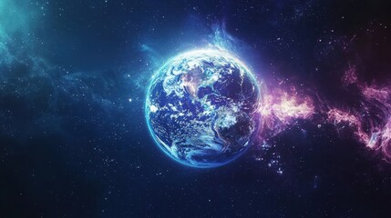Fototapeta premium Ethereal Blue Planet Glowing Amidst Colorful Stars and Nebulae