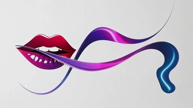 Pair of glossy red lips biting a vibrant, flowing abstract wave design creates a striking visual, blending sensuality with artistic expression on a minimalist gray backdrop