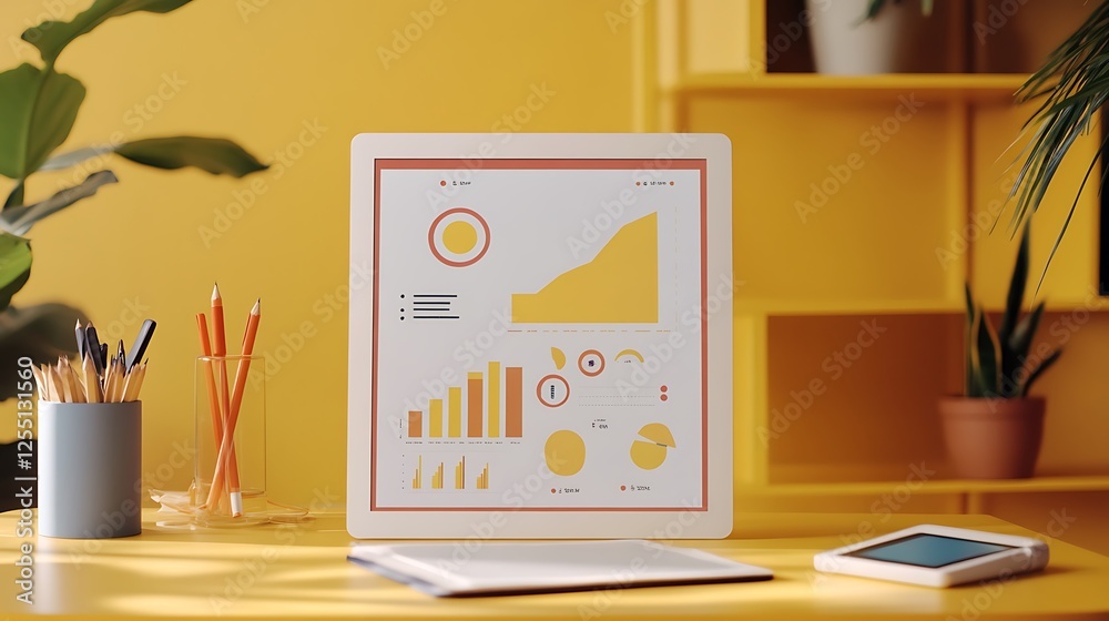 Aufkleber Modern workspace with tablet displaying data charts