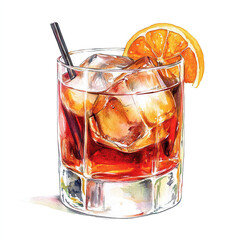 Watercolor Old Fashioned Cocktail Illustration