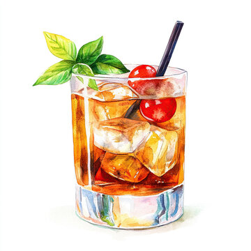 recommend clip art: Watercolor Illustration of Old-Fashioned Cocktail with Cherry and Mint