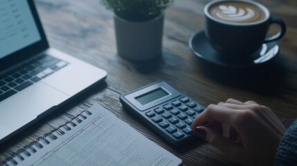 Home Finance Calculation with Calculator and Notebook on Wooden Table