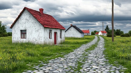 A rural village scene showcases quaint whitewashed houses with red tiled roofs. A cobblestone path winds through a field of wildflowers beneath a