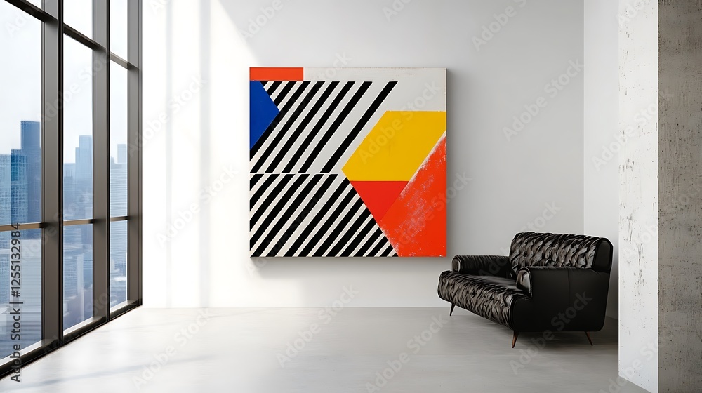 Aufkleber modern abstract painting in a minimalist room with city view. possible use stock photo for interior 