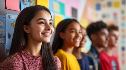 Fototapeta premium Smiling Teenagers in a Classroom Setting Engaged in Learning Activities