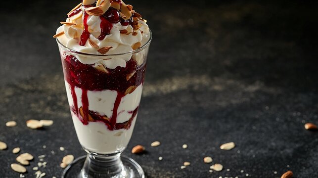 A perfectly layered Greek yogurt parfait in a tall glass, topped with toasted almonds and a drizzle of berry compote, isolated on a dark charcoal background