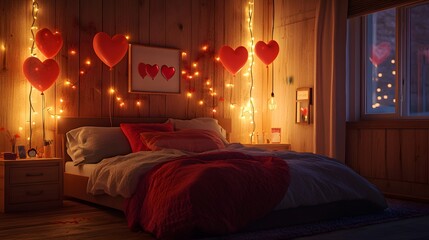 Cozy romantic bedroom, softly lit with warm lights, heart decorations, inviting atmosphere perfect for intimate gatherings.