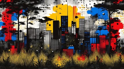 Abstract Cityscape with Trees and Vibrant Colors