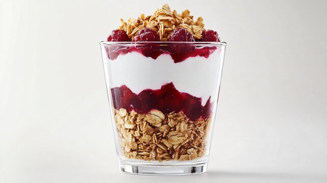 A Scandinavian-inspired minimalist parfait, served in a glass cup with layers of lingonberries, granola, and thick Greek yogurt