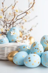 Fototapeta premium Stylish Easter still life with delicate eggs in a rustic basket, perfect for seasonal and holiday designs.