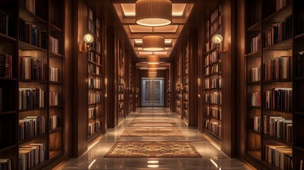 Fototapeta premium Elegant Library Corridor with Bookshelves and Soft Lighting