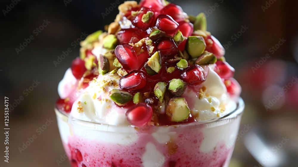 Wall mural A vibrant Middle Eastern-inspired parfait, with Greek yogurt, pomegranate seeds, pistachios, and a drizzle of rosewater-infused honey