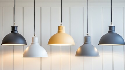 Black, yellow, and grey pendant lamps illuminate a clean Scandinavian kitchen, enhancing the decor's simplicity and elegance