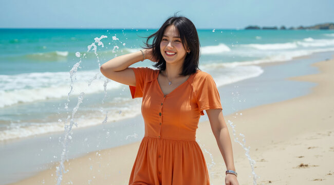 happy tourist in an orange housedress, black bob wave hair catching the sunlight, exploring hidden European beach caves