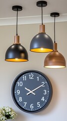 Obraz premium Black, yellow, and grey pendant lamps illuminate a clean Scandinavian kitchen, enhancing the decor's simplicity and elegance