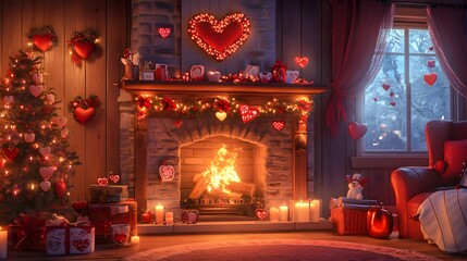 Cozy living room with festive decorations, warm fire glowing, heart-shaped decor, perfect for holiday gatherings.