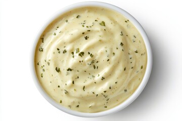 Creamy Sauce with Fresh Herbs in White Bowl on Isolated Background