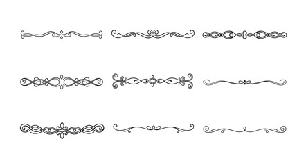Obraz premium Divider thin line element set. Border underline on text page, book, invitation, wedding card, certificate, menu. Vintage ornament, classic,ornamental filigree separator design