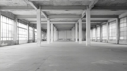 Empty industrial warehouse interior, large windows, concrete floor, potential for renovation