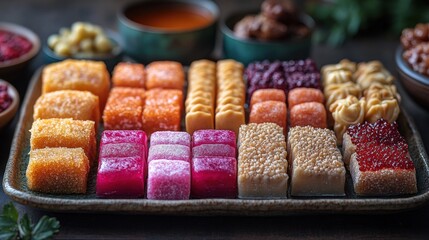 Colorful assorted candies and sweets on a tray. Variety of shapes and colors, displayed on a dark wooden surface.