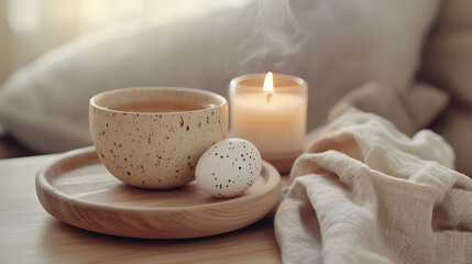 Cozy still life: tea cup, speckled egg, candle with rising smoke on a wooden tray, peaceful morning scene