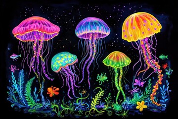 Fototapeta premium Vibrant jellyfish and underwater flora glow in the dark.