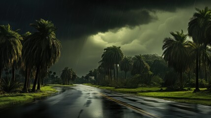 pouring palm tree road